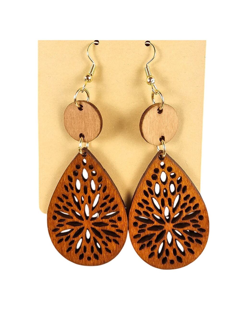 Boho Wooden Teardrop Dangle Earrings Laser Cut Floral Pattern Brown 2.5"